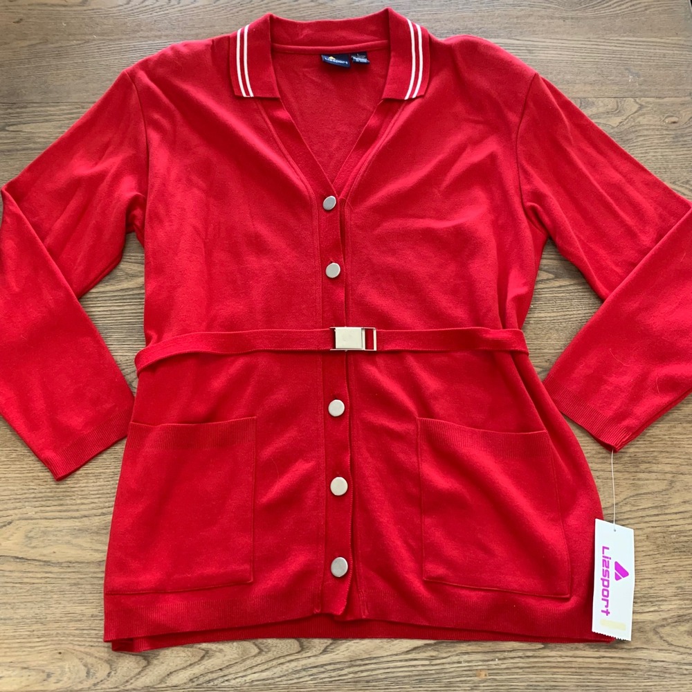 Lizsport Red Cotton Belted Cardigan Sweater Collared Button Front Vintage Large